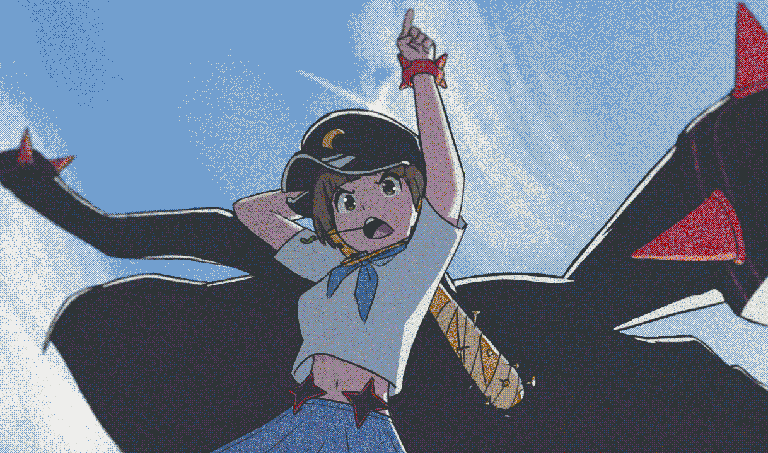 Mako! Mako Mankanshoku holding a baseball bat, pointing upwards